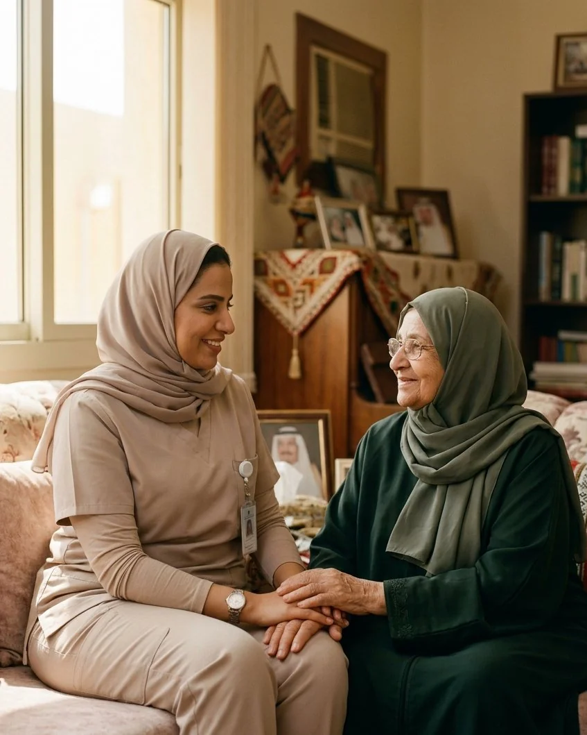 A professional nurse compassionately caring for an elderly woman in a warm Saudi home